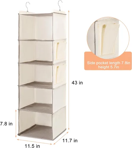 Vista 3 de BOOMIBOO Organizador de armario colgante y estantes, 5 estantes colgantes con 2 bolsillos laterales, almacenamiento plegable (beige)
