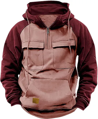 Vista 10 de Sudaderas tácticas para hombre, con cremallera de un cuarto, con capucha, manga larga, estilo cargo, entrenamiento, al aire libre, con bolsillo
