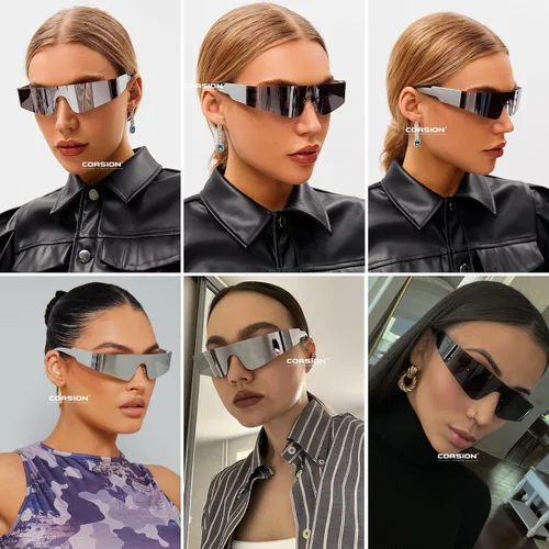Vista 2 de COASION Y2K - Lentes de sol metálicos futuristas plateados, lentes de concierto Cyberpunk para mujeres y hombres, juego 2077