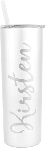 Vista 8 de Vaso delgado de acero inoxidable con popote y tapa, termo personalizado (20 onzas) – Champagne Mate negro