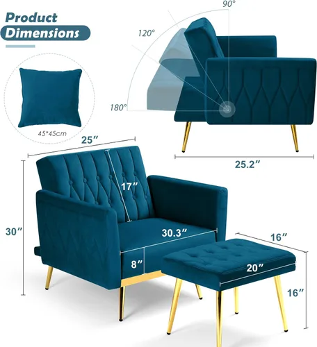 Vista 3 de Silla decorativa de terciopelo con respaldo y reposabrazos verde azulado