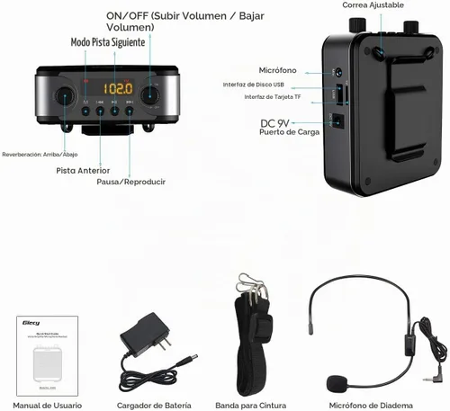 Vista 9 de Amplificador de voz portátil de 30 W con auriculares con micrófono cableado, sistema PA recargable de 2800 mAh, altavoz con micrófono personal