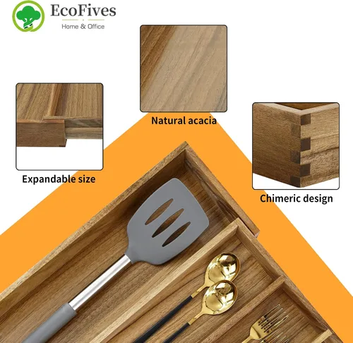 Vista 5 de EcoFives Organizador de cubiertos de acacia de lujo, organizador de cajones de cocina, soporte para utensilios y organizador de cubiertos