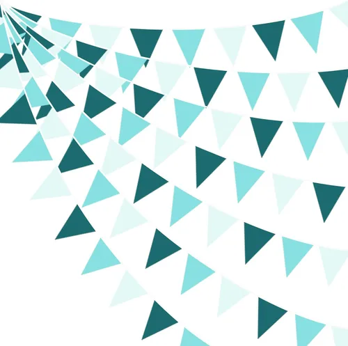 Vista 11 de Pancarta verde aguamarina de 32 pies para decoración de fiesta, bandera triangular, banderines de tela para boda, cumpleaños, compromiso, novia