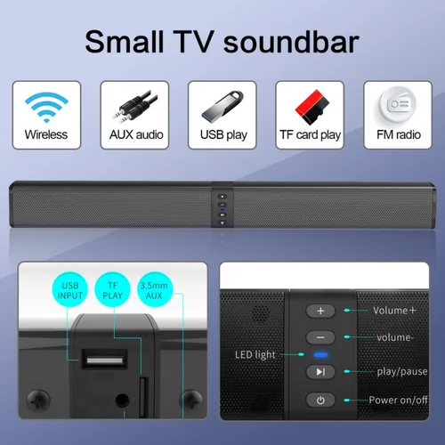 Vista 4 de JFX Barra de sonido para Smart TV, barra de sonido con Bluetooth 5.0, conexión 3/ARC/Opt/AUX, barra de sonido desmontable 2 en 1