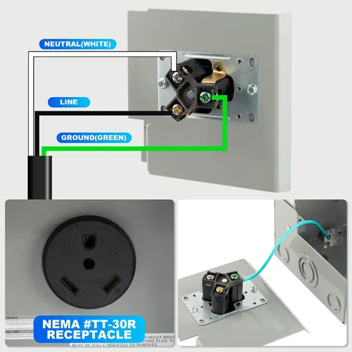 Vista 4 de Caja de toma de corriente de 30 amperios y 125 voltios, panel de receptáculo NEMA TT-30R, cerrado con cerradura resistente a la intemperie