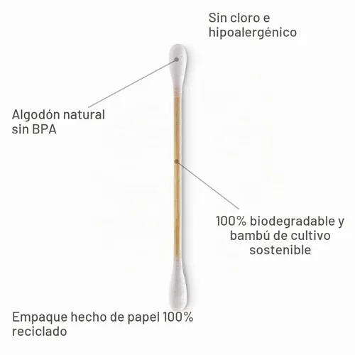Vista 8 de Hisopos de algodón de bambú – 500 unidades – Certificado FSC y aprobado por PETA, puntas dobles ecológicas, palillos para los oídos sin plástico