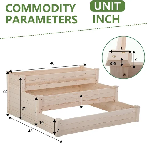 Vista 7 de FDW Jardinera elevada de 3 niveles para exteriores, jardinera de madera de 48 x 48 x 29 pies, con secciones divididas, base abierta para verduras