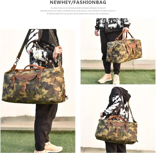 Vista 7 de Bolsa de viaje de gran tamaño impermeable lona Weekender cuero durante la noche bolsa de mano, Camo), 2056