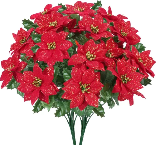 Vista 11 de Mini árbol de Navidad con flores artificiales en maceta 1cs pequeño en maceta-13 pulgadas