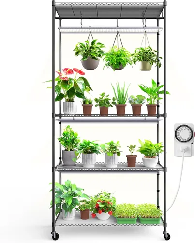 Vista 14 de Barrina Mini invernadero portátil con luces LED de cultivo para plantas de interior, luz de planta de alto rendimiento de 40 W, pequeño invernadero