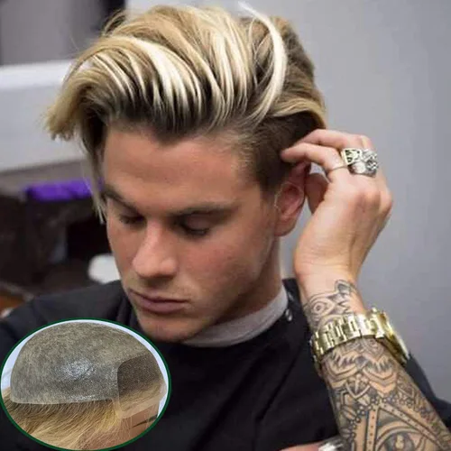 Vista 12 de Voloria Toupee para hombres 100% cabello humano europeo suizo frente encaje frontal natural piezas de cabello 0.003 in piel fina PU V-looped sistema