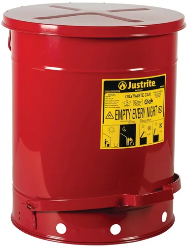 Vista 22 de Justrite Recipiente para desechos aceitosos de acero galvanizado de 10 galones, recipiente de seguridad metálico para trapos con aceite de 18 x 14