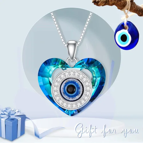 Vista 3 de POPKIMI Collar contra el mal de ojo para mujer, plata de ley, regalo de mal de ojo, dije de mal de ojo con cristal de corazón, joyería de moda