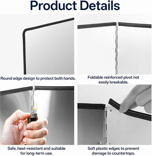Vista 3 de Protector de salpicaduras de acero inoxidable de 2 caras grande plateado para freír estufa, protector de salpicaduras plegable de 4 caras, protector