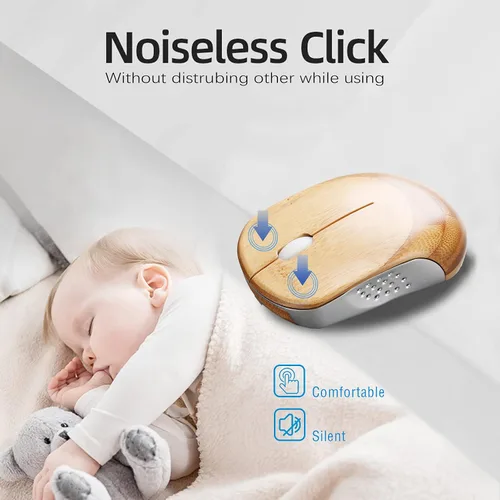 Vista 4 de Icemouse - Mouse inalámbrico de bambú – Ratón óptico silencioso recargable, 4 DPI, receptor USB, ecológico para portátil y PC