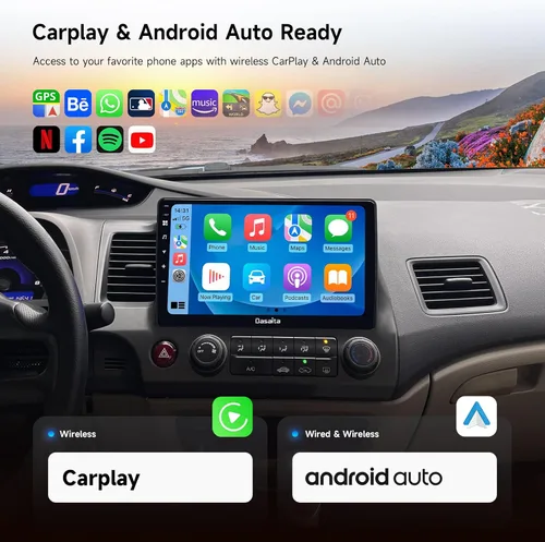 Vista 3 de Dasaita Android 13 - Actualización estéreo de coche para Honda Civic 2006-2011 con Carplay inalámbrico y Android Auto y protector de pantalla, radio
