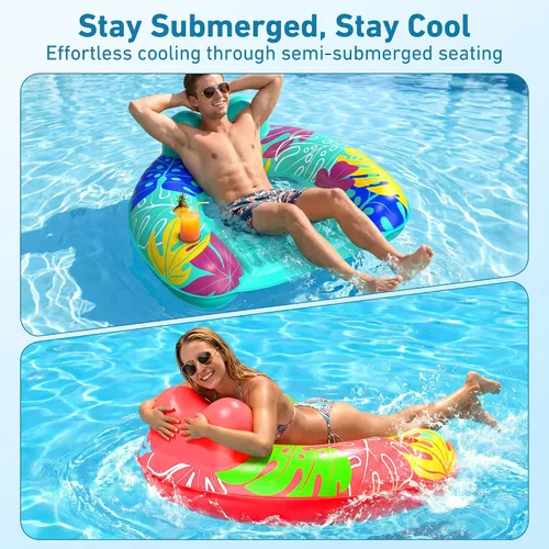 Vista 5 de Paquete de 2 flotadores inflables de piscina para adultos, sillas flotantes de piscina con soporte para tazas, flotadores de piscina para adultos