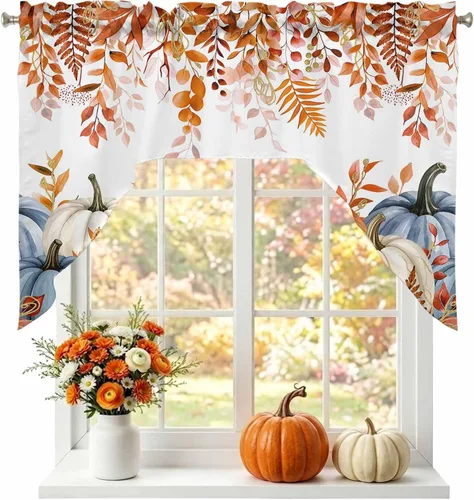 Vista 38 de Thanksgiving Fall Swag Kitchen Curtain Sets with Valance, Orange White Pumpkins 3 Pieces Curtain Drapes Rod Pocket for Bedroom Living Room Bathroom