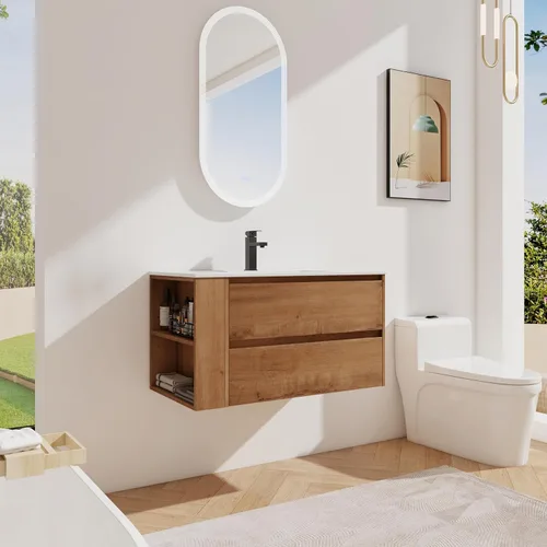 Vista 11 de Juego de tocador de baño de 30 pulgadas con lavabo de gel montado en la pared, moderno juego de tocador de baño con 2 cajones y estante abierto