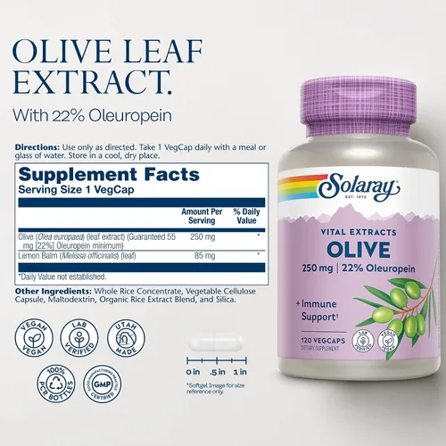 Vista 2 de SOLARAY Extracto de hoja de olivo suplemento al 22%, 250 mg 120