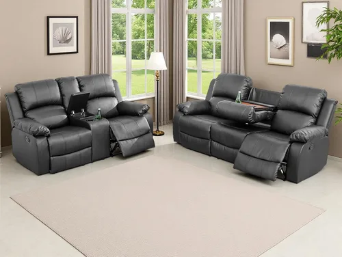 Vista 43 de Sofá reclinable manual moderno, sofá reclinable de cuero de 3 plazas, sofá reclinable de sala de estar, sofá con portavasos y mesa abatible