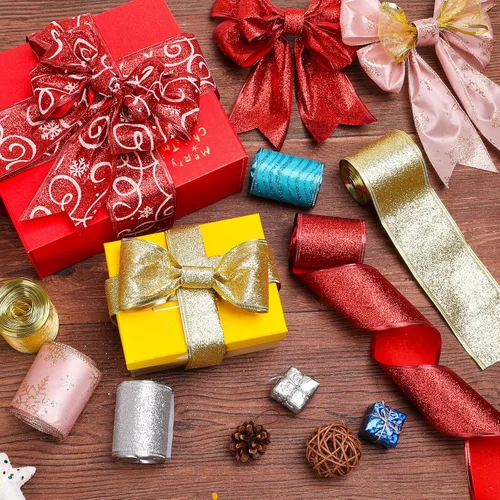 Vista 4 de Modacraft 8 rollos de cinta de Navidad con borde con alambre de 48 yardas, cinta con alambre de 2.4 pulgadas con purpurina de 2.4 pulgadas, cinta