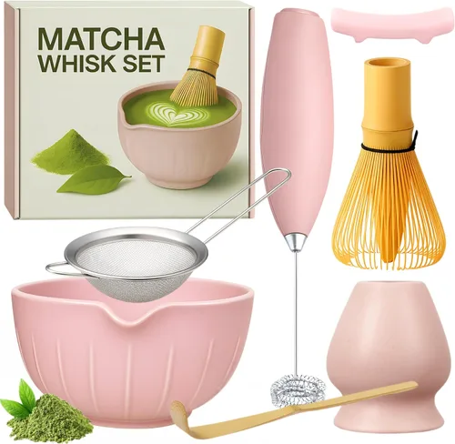 Vista 7 de Juego de batidor Matcha con cuenco Matcha - Juego de Matcha incluye espumador eléctrico, batidor de bambú, cuchara Matcha, soporte de bambú, blanco