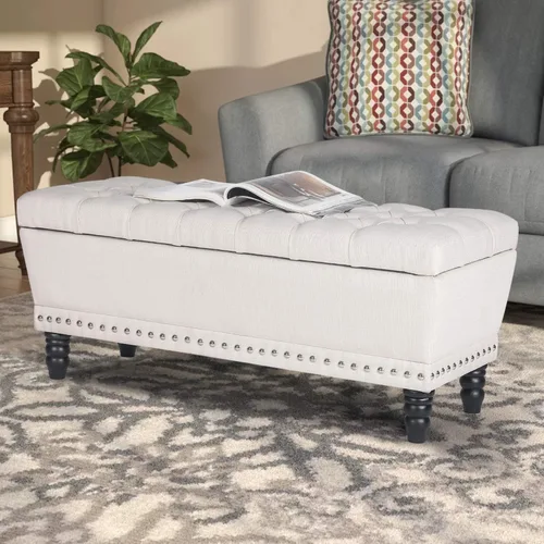 Vista 2 de Homebeez Taburete otomano de almacenamiento con reposapiés copetudo con ribete de cabeza de clavo (beige), grande
