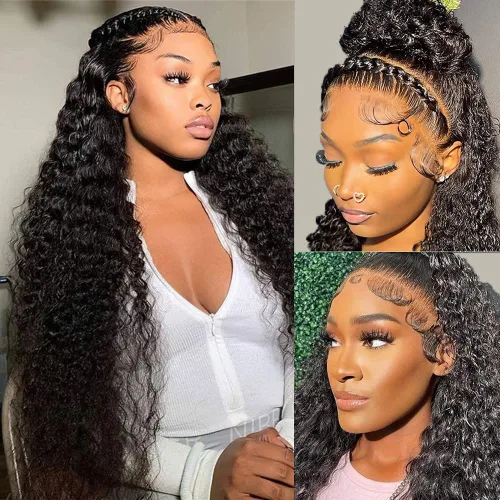 Vista 17 de Pelucas de encaje frontal sin pegamento con onda de agua para mujer, cabello humano 180 de densidad, cabello virgen brasileño sin procesar