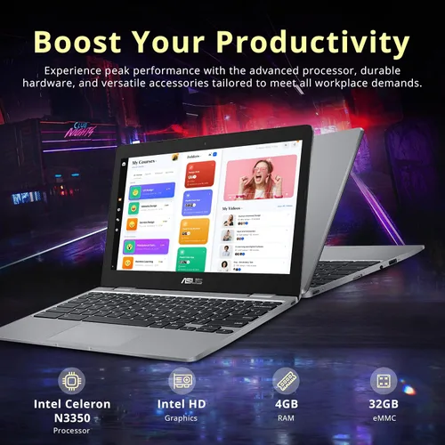 Vista 2 de ASUS Laptop Chromebook C223 HD de 11.6/'', procesador Intel Celeron N3350, 4 GB de RAM, memoria flash eMMC de 32 GB, gráficos Intel HD, cámara web