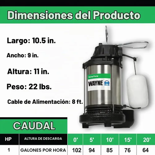 Vista 8 de WAYNE CDU1000 1 HP Bomba sumergible de hierro fundido y acero inoxidable con interruptor de flotador vertical integrado - 58321-WYN2