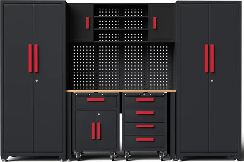 Vista 13 de Juego de taller de esquina, 10 gabinetes de garaje y sistema de almacenamiento con gabinete de esquina, cajones de gabinete, banco de trabajo