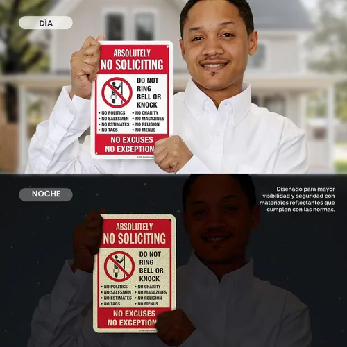 Vista 5 de SmartSign Cartel de metal de 10" x 7" "Absolutely No Soliciting Do Not Ring Bell No Excuses No Exceptions", 40 mil de aluminio laminado de grado