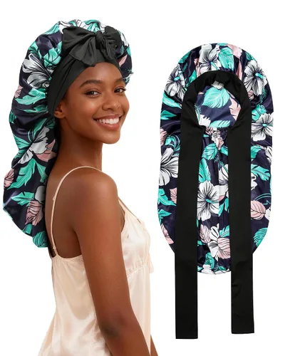 Vista 14 de AWAYTR - Gorro de satén para trenzas y cabello largo durmiendo para mujeres Long Satin Sleep Cap With Adjustable Tie Band, Protecting Braids Curly