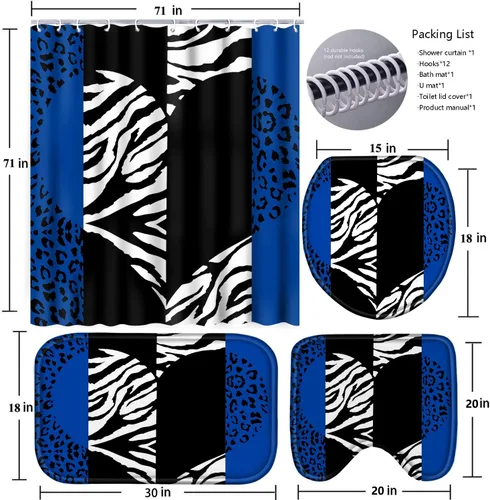 Vista 6 de Poedist - Juego de cortinas de ducha para baño, 4 piezas, diseño de leopardo azul brillante, incluye cortinas de ducha y tapetes para baño