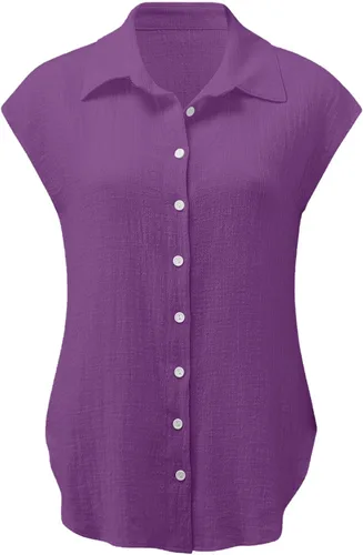 Vista 4 de amidoa Linen Shirts for Women Casual Cap Sleeve Collared Summer Shirts Solid Color Loose Baggy Button Down Shirts for Work