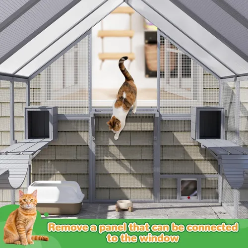 Vista 4 de COZIWOW Catio - Recinto grande de 110 pulgadas para gatos al aire libre, 53.5 pies ² de madera para múltiples mascotas con techo totalmente