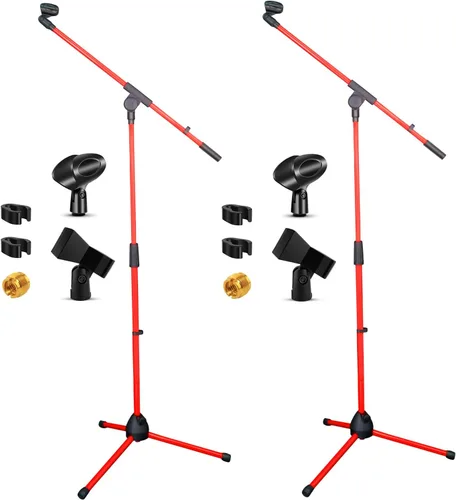 Vista 11 de Soporte de micrófono de 5 núcleos para piso, 2 soportes de micrófono de doble trípode ajustables con capacidad para 2 micrófonos con brazo
