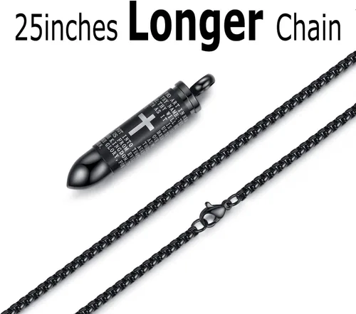 Vista 3 de Collar de acero inoxidable con forma de urna para cenizas con dije en forma de bala, oración del padrenuestro, collar para hombres, urna para Cadena
