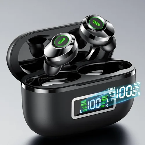 Vista 3 de Auriculares inalámbricos, Bluetooth 5.5, auriculares estéreo de bajos, auriculares con micrófono con cancelación de ruido, pantalla LED en el oído