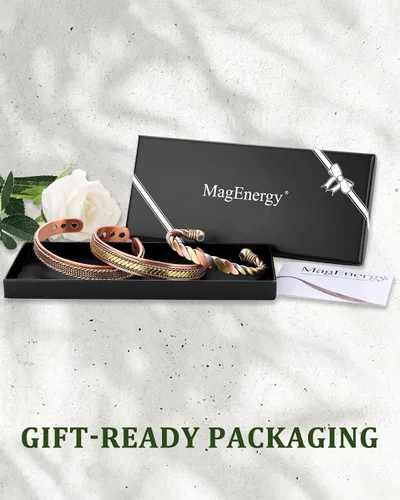 Vista 6 de MagEnergy Pulseras de cobre para mujeres y hombres, juego de 3 piezas, terapia magnética, pulsera hecha a mano 100% cobre, caja de regalo de joyería