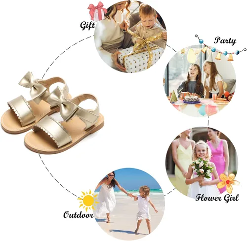 Vista 4 de Felix & Flora Sandalias para niña pequeña - Zapatos de vestir para niña de flores, puntera abierta, zapatos planos de verano para niños pequeños