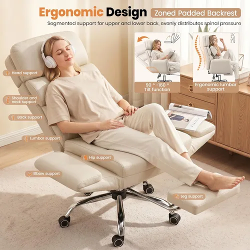 Vista 5 de Silla de oficina de cuero grande y alta, brazos abatibles con Beige