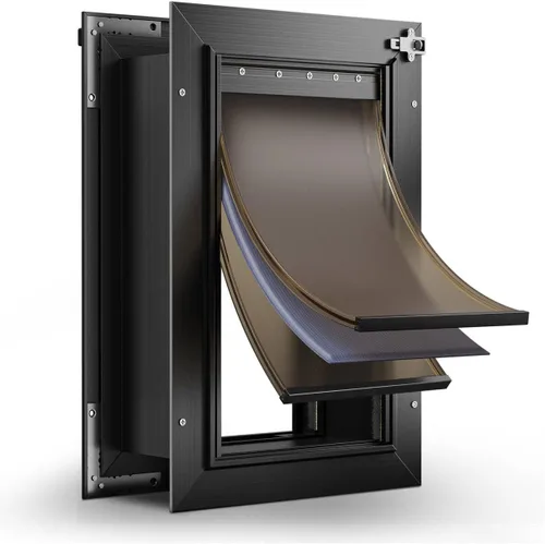 Vista 9 de Puerta para perro de 3 solapas, puerta grande para perros de aleación de aluminio para pared, puerta resistente para mascotas, fácil de instalar