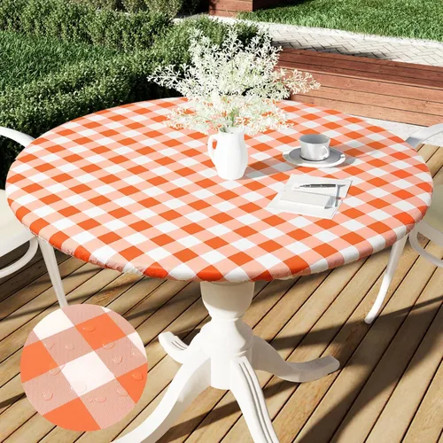 Vista 39 de Smiry - Mantel redondo de picnic de vinilo elástico impermeable con respaldo de franela, mantel de vinilo ajustable para mesas de 31-35 pulgadas