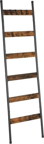 Vista 9 de HOOBRO Escalera para mantas, estante de toallas de 5 niveles con ganchos, estante de mantas inclinado en la pared, estante decorativo