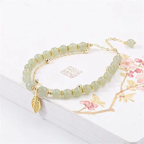 Vista 5 de Gofinoday Hetian Jade - Pulsera de hoja de oro, pulsera de temperamento elegante de jade hetiano, 12 pulseras de jade para mujer (2 unidades)