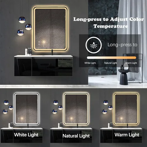 Vista 5 de Niccy Espejo LED de baño, 32"x20" pulgadas, rectangular, espejos de tocador para montar en la pared, con marco de metal, espejo inteligente