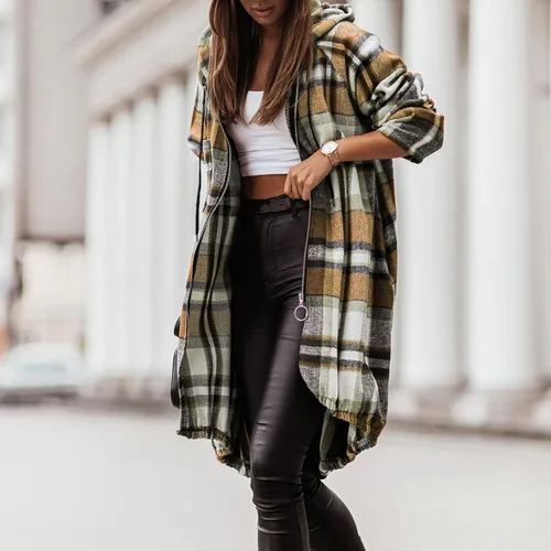 Vista 6 de Camisa estampada a cuadros para mujer, con cremallera, manga larga, con capucha, chaqueta irregular